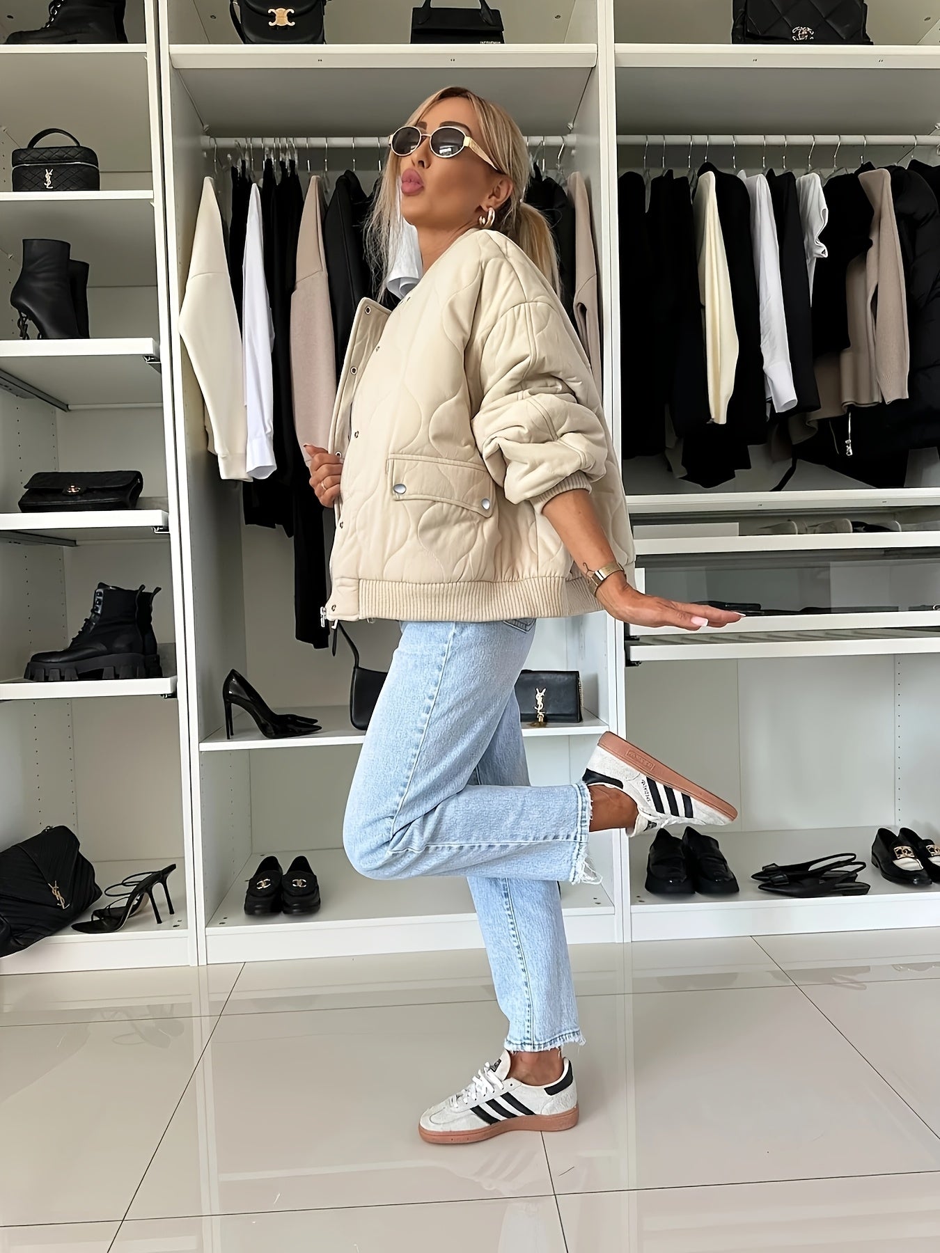 R&B | Gequiltete Jacke Farbblock Warmer Pufferjacke Reverskragen und Taschen Ideal für Frühling/herbst