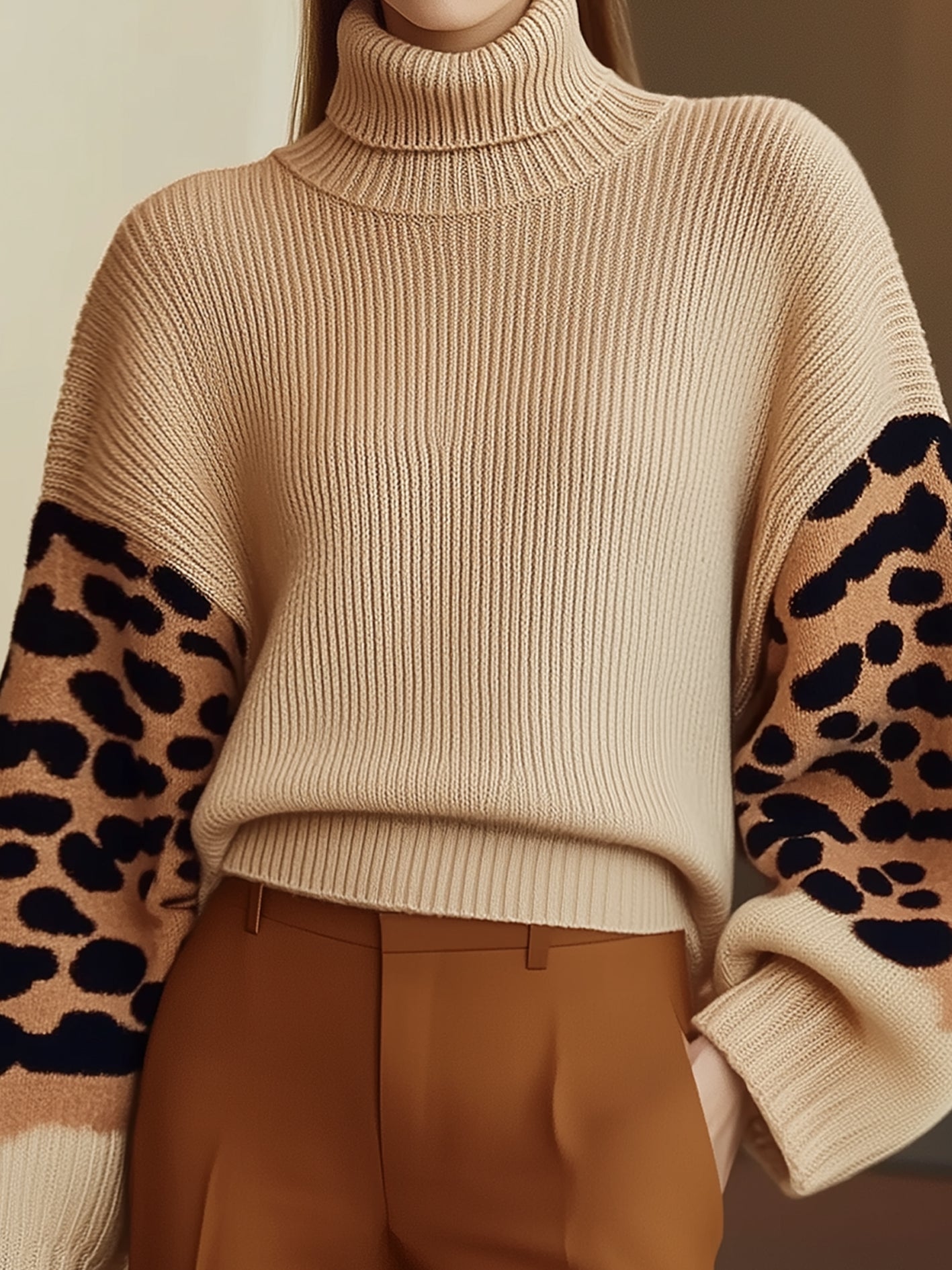 R&B | Rollkragen-strickpullover Leopardenärmel Modernes Aussehen