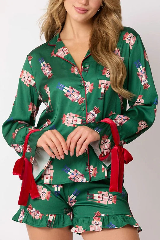 R&B | Weihnachten Mode Gedruckte Fliege Oberteil und Elastischer Taillen Rüschenshorts Set