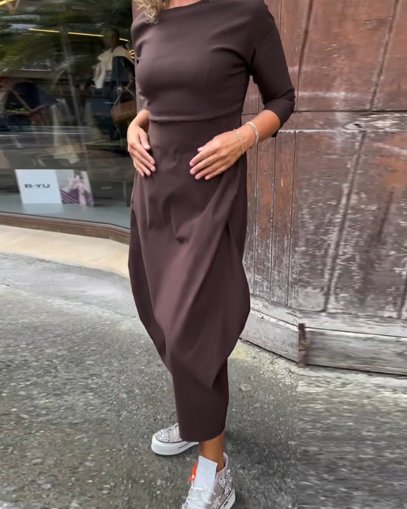 R&B | Schlichtes Einfarbiges Elegantes Kleid mit Langen Ärmeln und Tasche