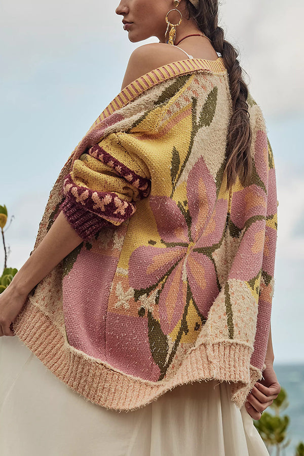 R&B | florale Strickjacke mit weitem Schnitt und langen Ärmeln