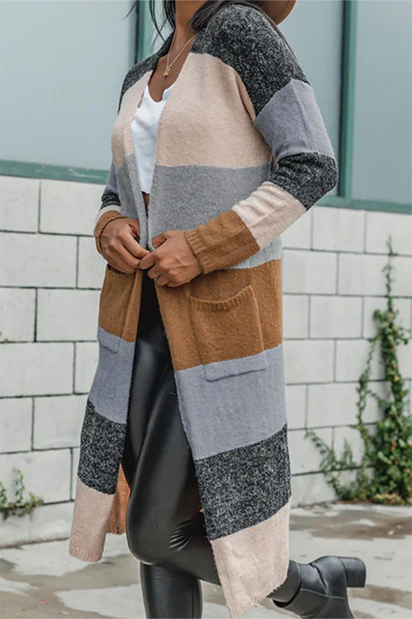 R&B | Gestrickte Strickjacke mit offener Vorderseite und Farbblock