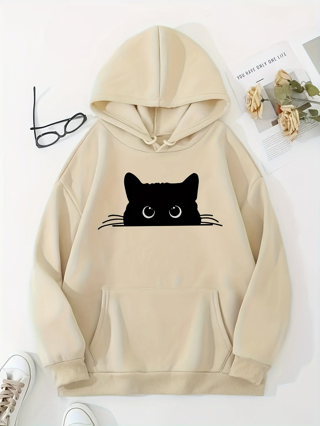 R&B | Sweat Pullover Hoodie mit Katzenprint und Kapuze für Frauen Perfekt für lässige Tage