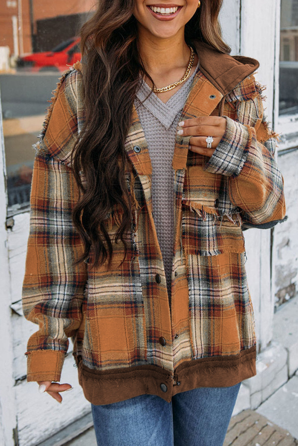 R&B | Karierte Jacke mit Kapuze und Rohen Kanten Baumwolle Lässig und Trendy