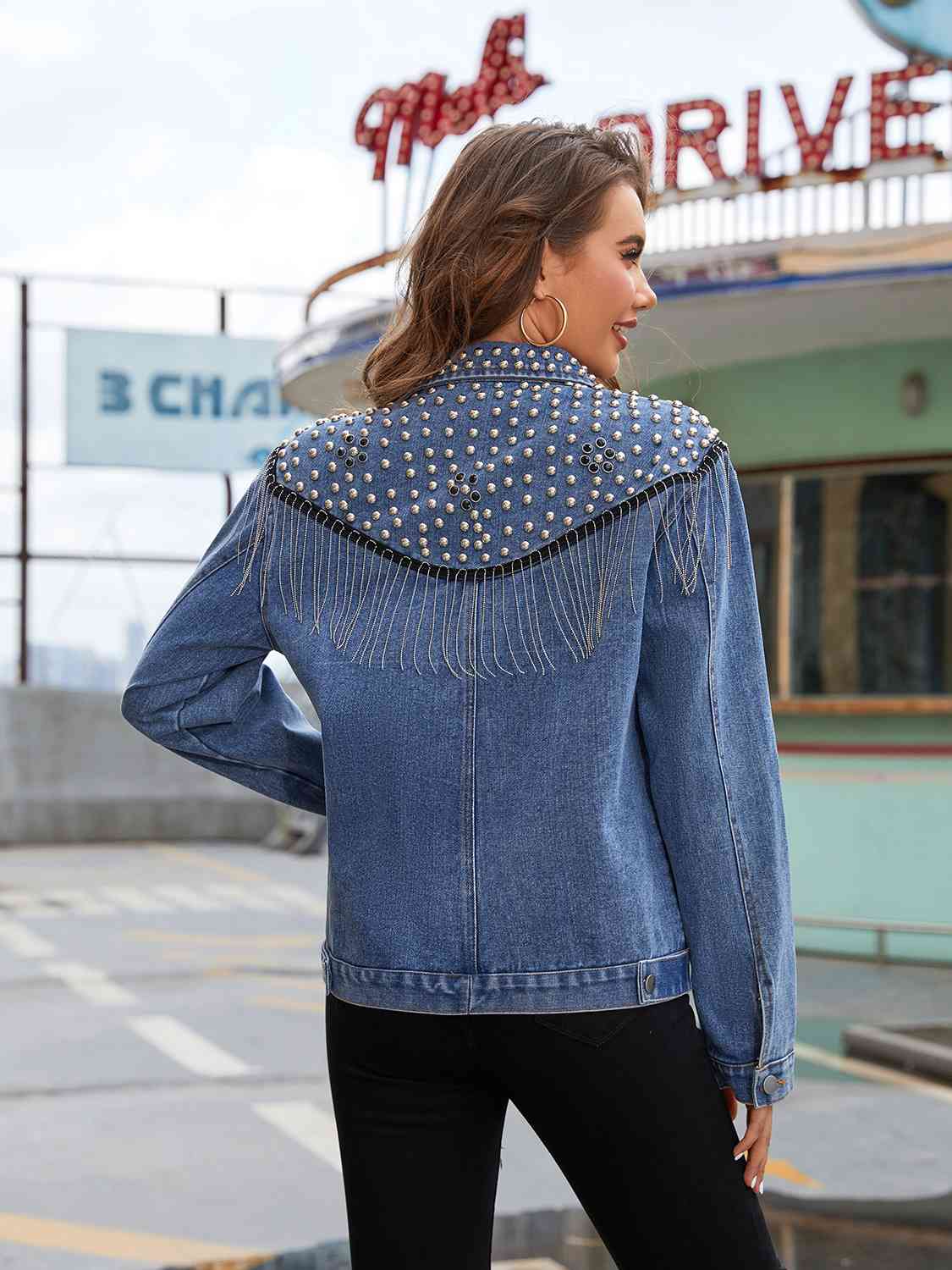 R&B | Nieten Fransen Knopf-Down Denim Jacke