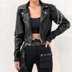 R&B | Damen Slim Fit PU-Lederjacke mit silbernen Ketten