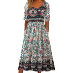 R&B | Rundhalsausschnitt Kurzarm Bohemian Print Kleid Frauen