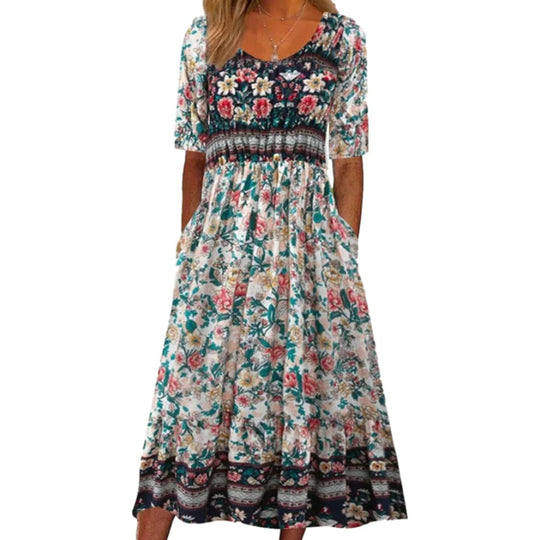 R&B | Rundhalsausschnitt Kurzarm Bohemian Print Kleid Frauen