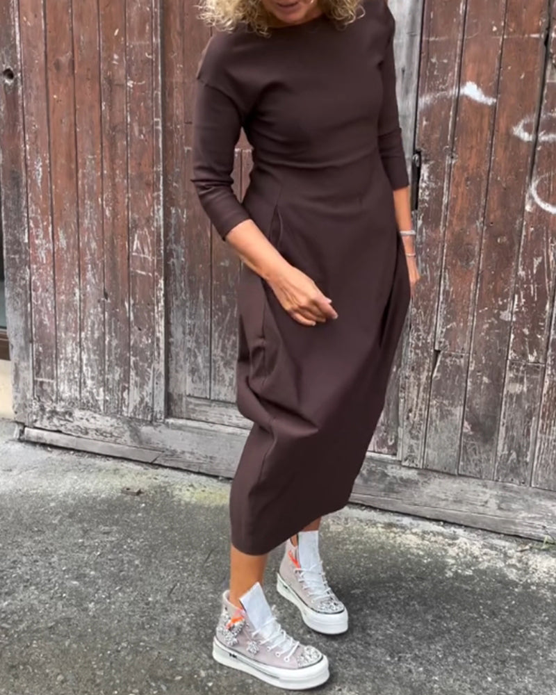 R&B | Schlichtes Einfarbiges Elegantes Kleid mit Langen Ärmeln und Tasche