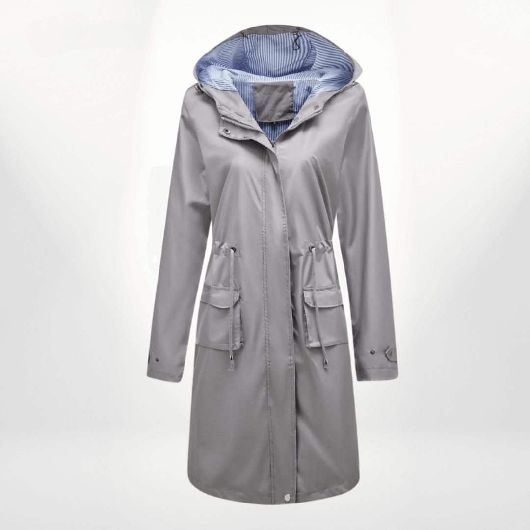 R&B | Trenchcoat wasserdicht über das Knie mit Kapuze verstellbare Taille Klappentaschen