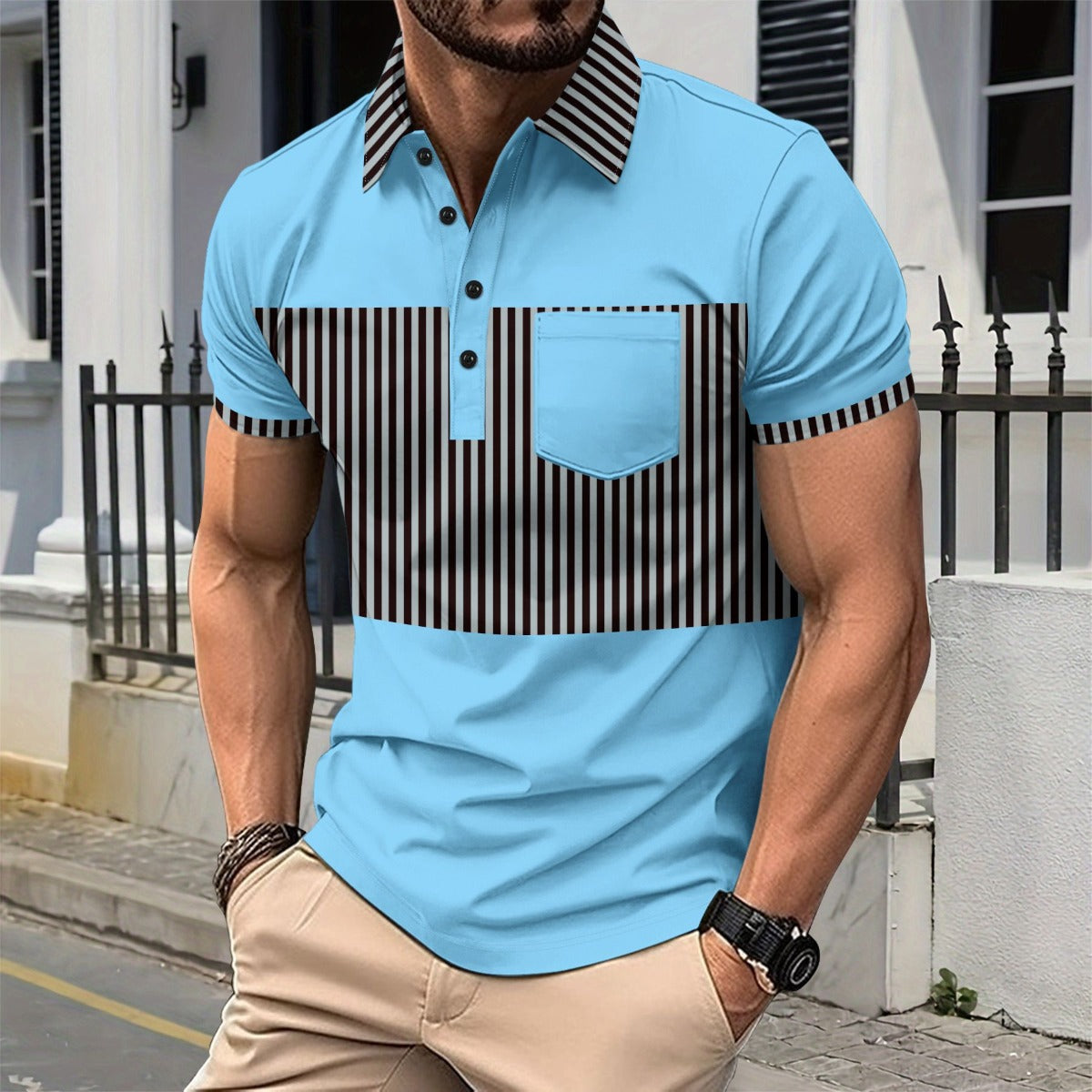 R&B | Tasche Knopf Revers gestreiftes Farbschema T-Shirt