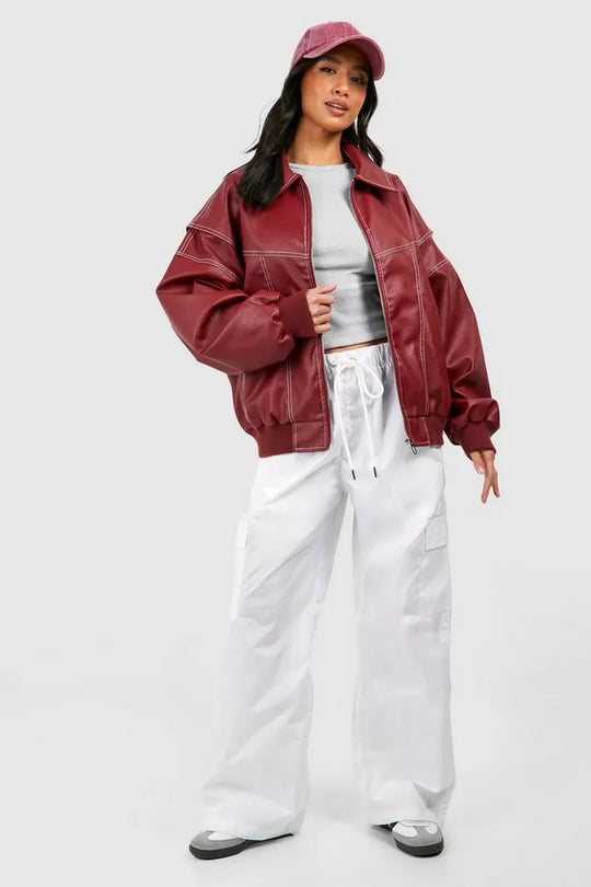 R&B | Damen Oversized Lederjacke Rot