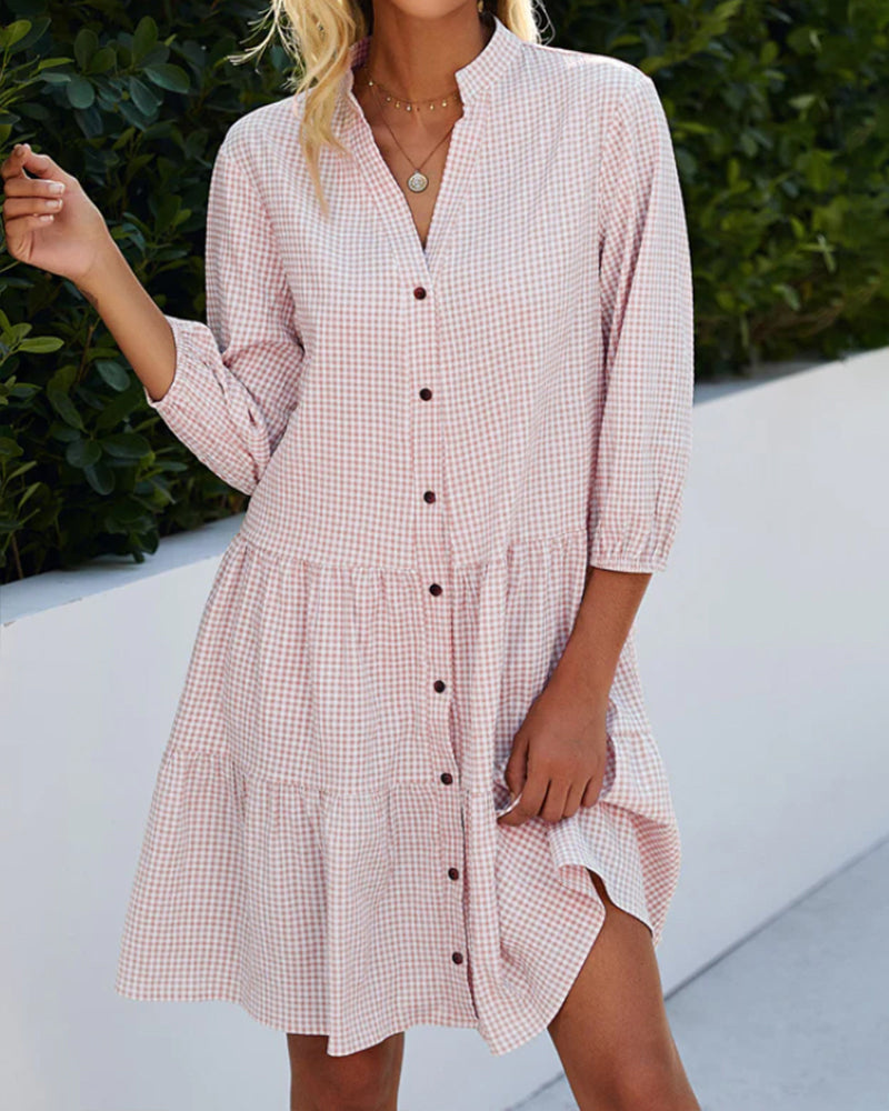 R&B | Kariertes A-Linien-Kleid mit Knopfleiste für Damen Ähnelt Einem Hemdblusenkleid
