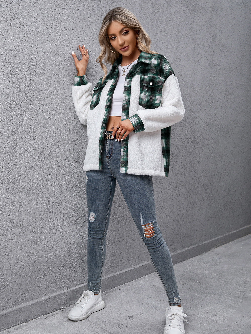 R&B | Karierte Kragenknopf Jacke