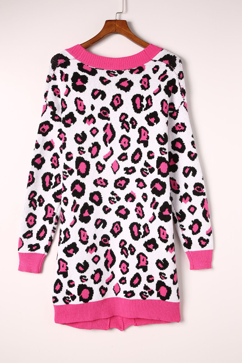 R&B | Leopard-Kontrastbesatz Offene Vorderseite Langarmlange Strickjacke