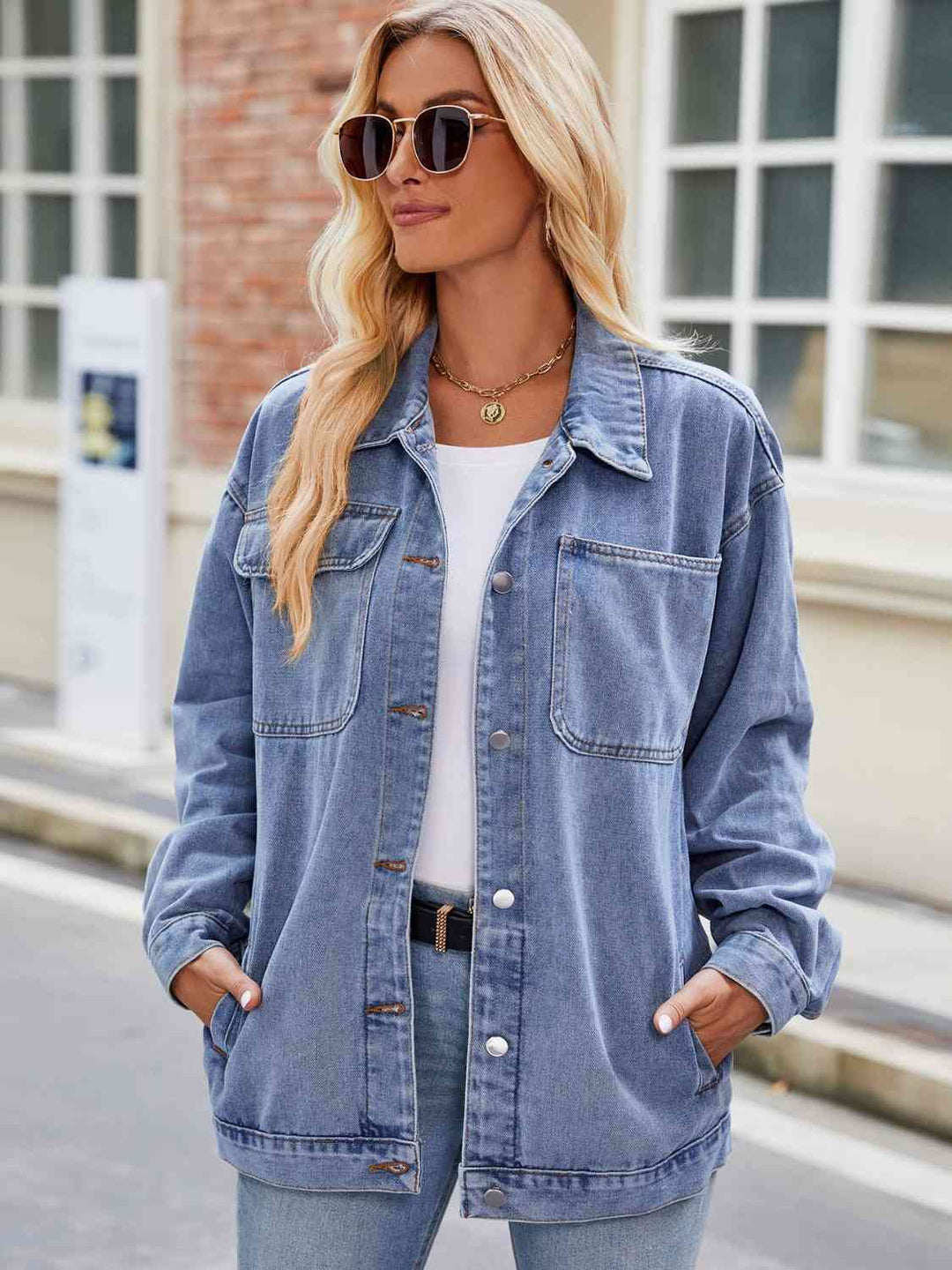 R&B | Knopf-Down Denimjacke mit Taschen