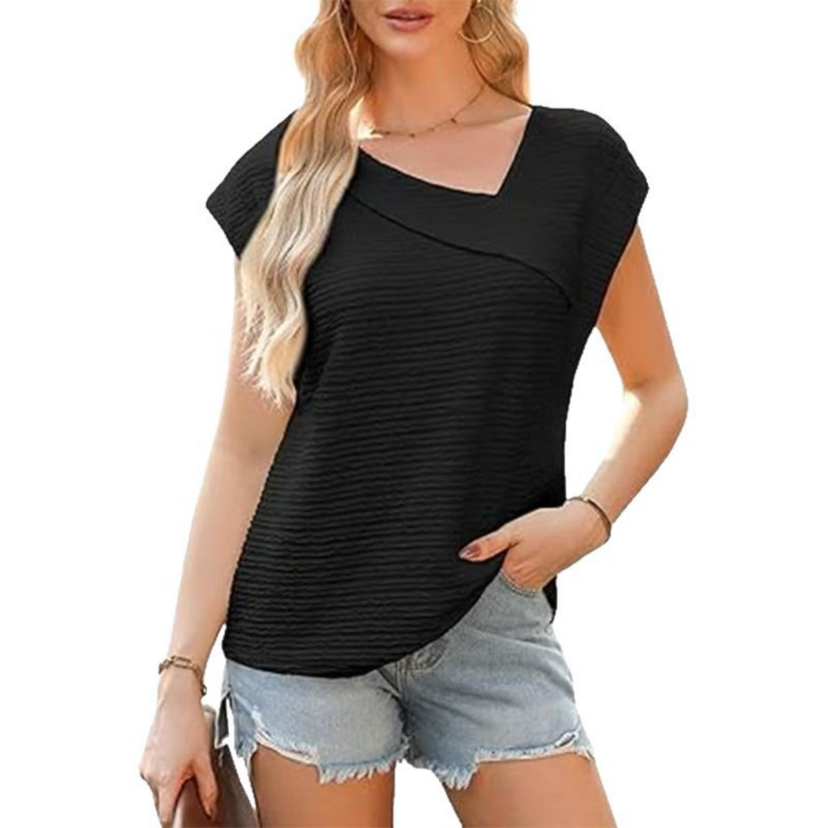 R&B | T-Shirt mit schrägem Ausschnitt und kurzen Ärmeln