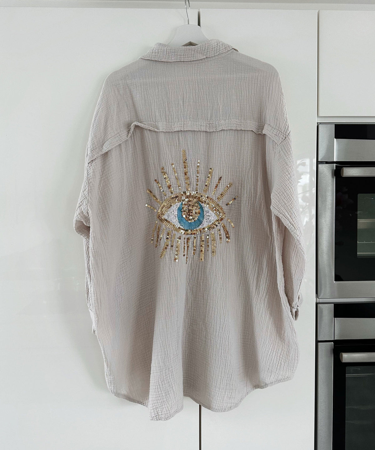 Oversize Musselin Bluse Glitzer Auge Beige