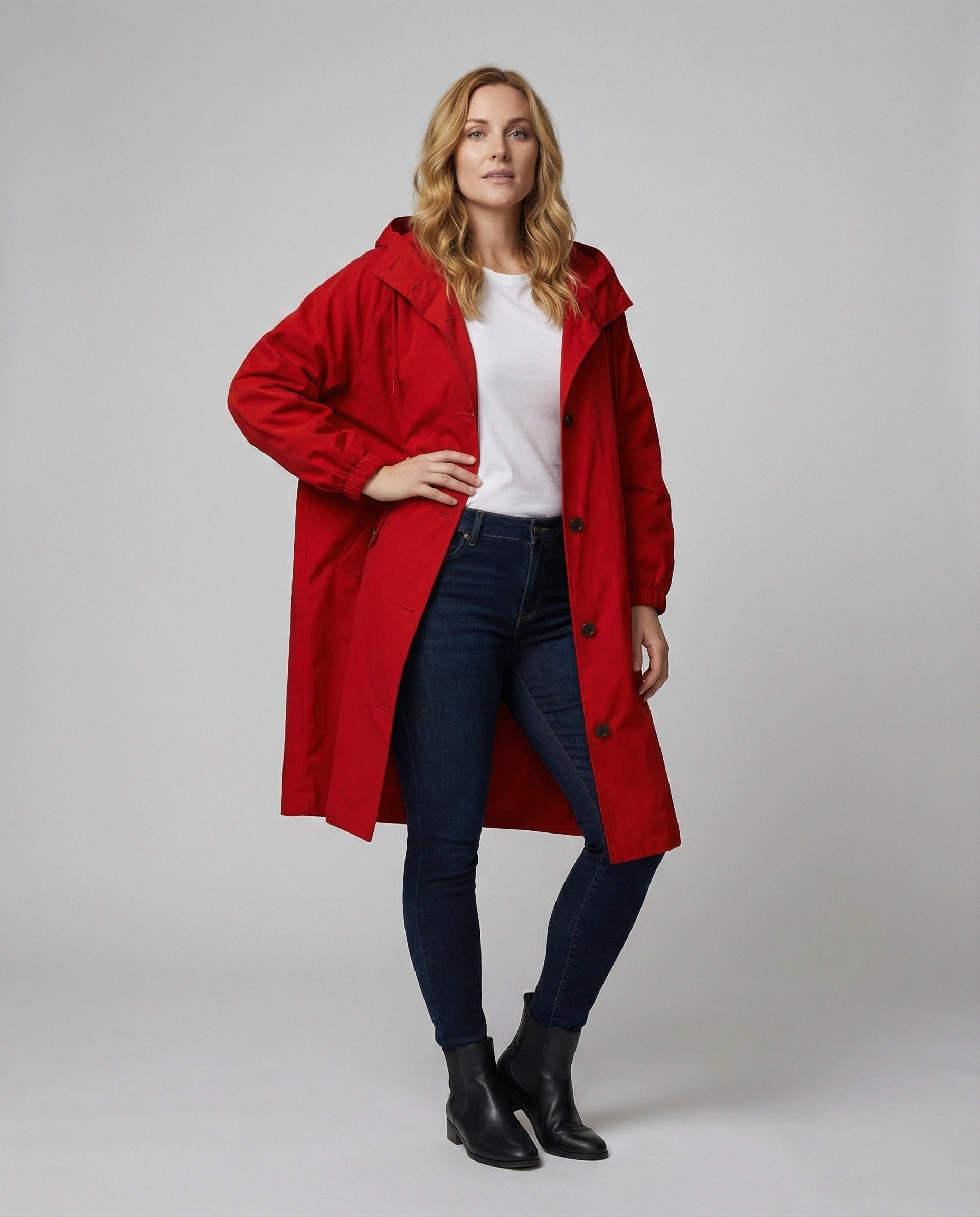 R&B | stilvolle lange Damenjacke mit Kapuze