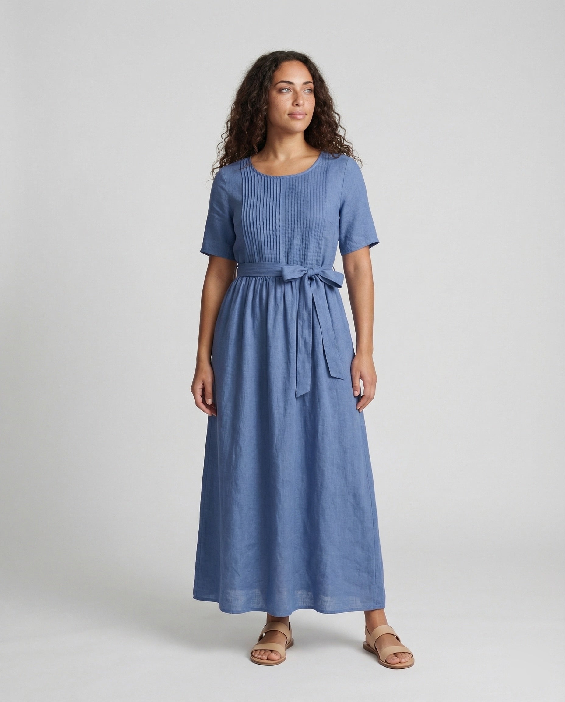 Damen Leinen Maxikleid Gürtel