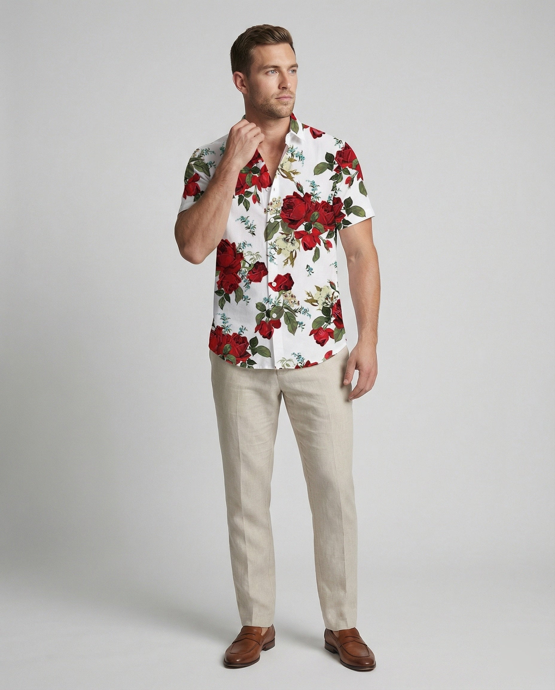 Kurzarmhemd Herren Blumenmuster Leinenoptik