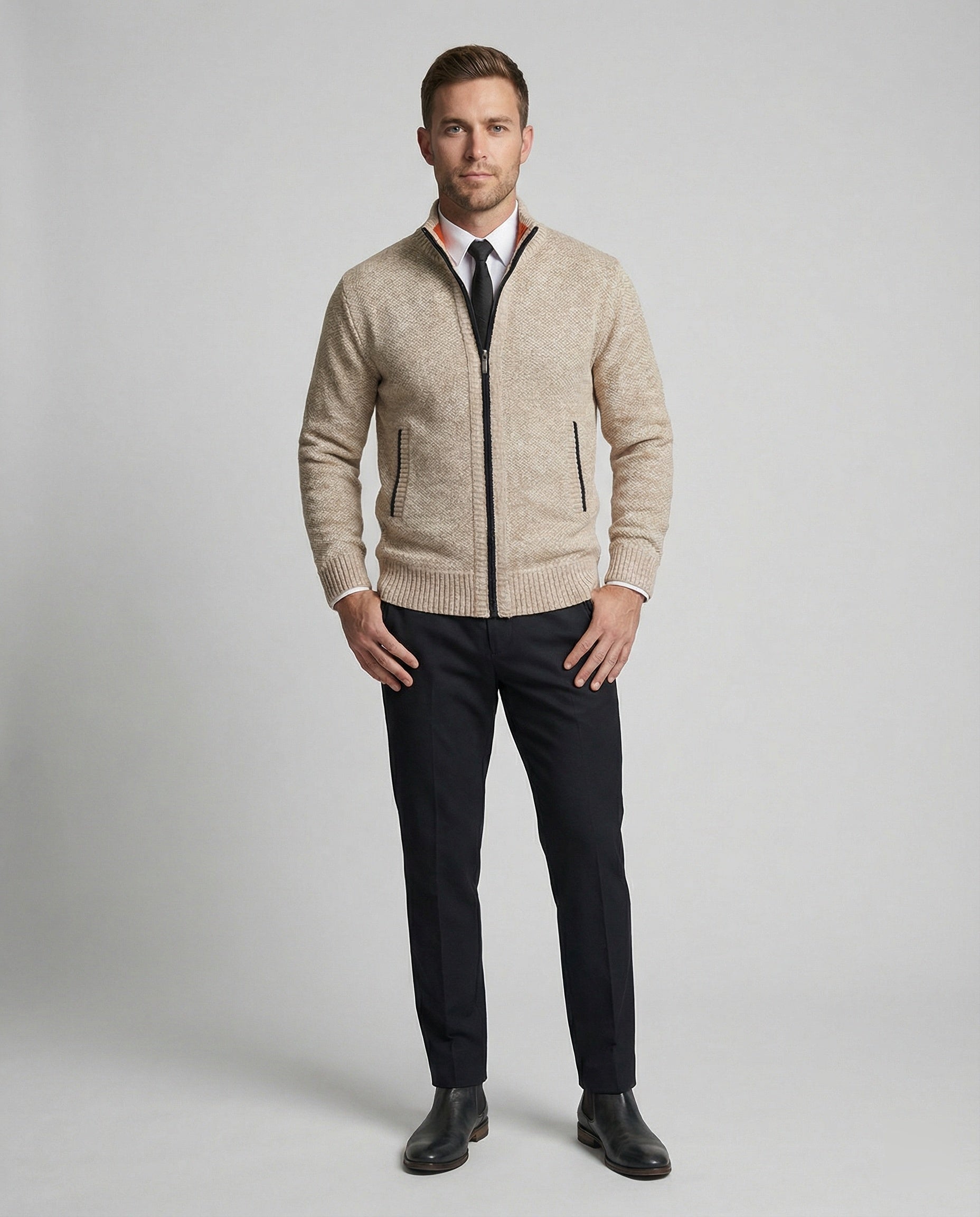 Herren Strickjacke mit hohem Kragen und elegantem Reißverschluss R&B