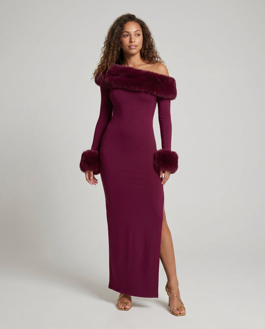 Damen Elegantes Langarm-Maxikleid mit abnehmbarem Pelzbesatz R&B
