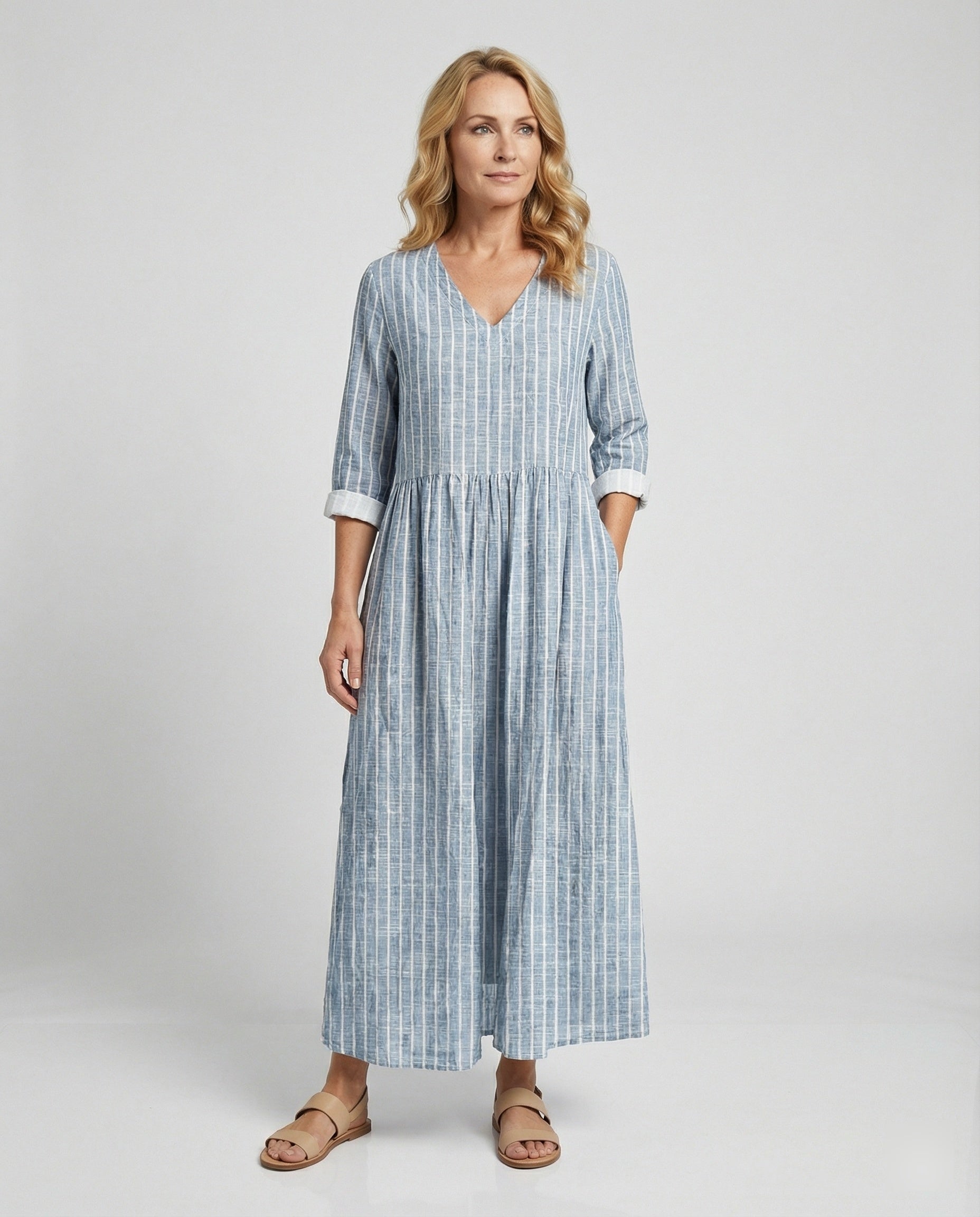 Damen Boho Maxikleid Sommer Leinenoptik