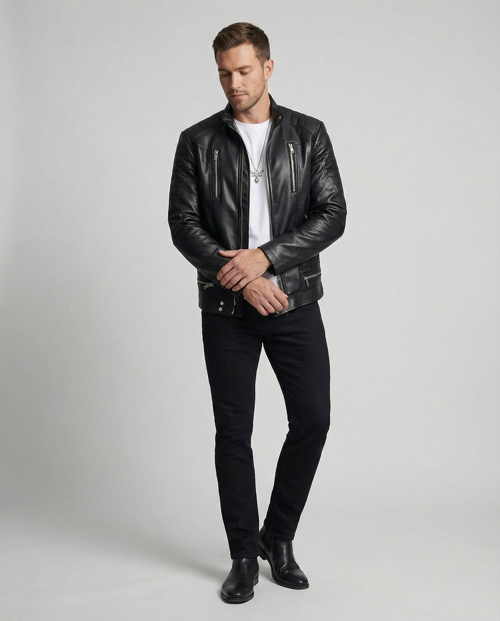 Herren Kunstlederjacke mit asymmetrischem Reißverschluss R&B