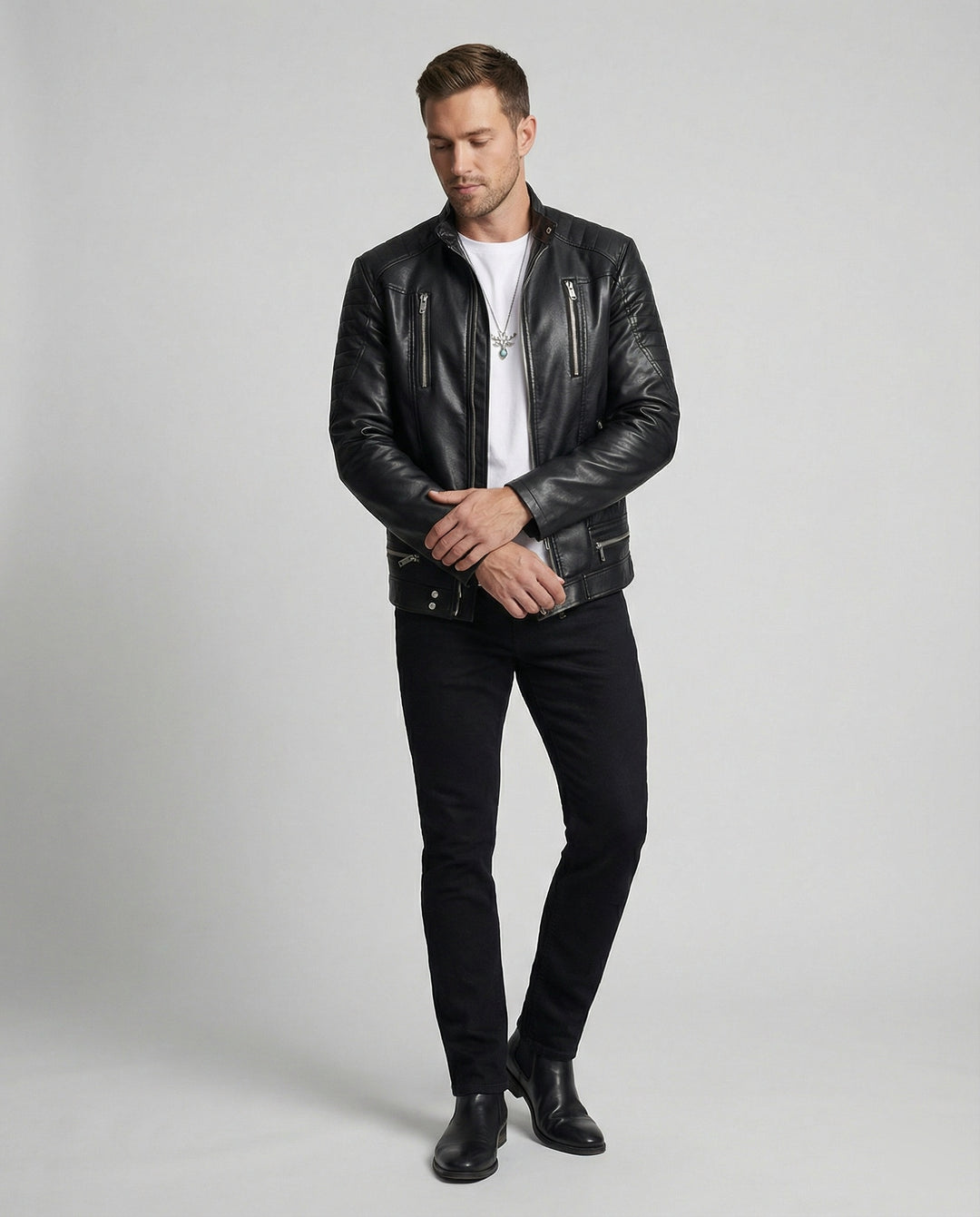 Herren Kunstlederjacke mit asymmetrischem Reißverschluss R&B