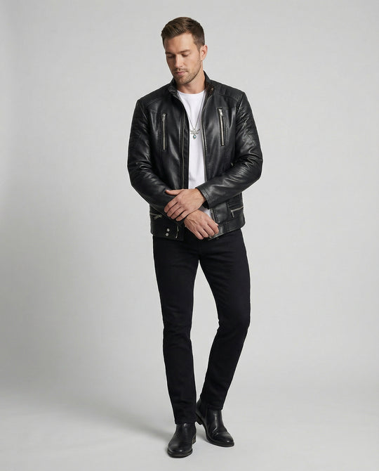 Herren Kunstlederjacke mit asymmetrischem Reißverschluss R&B