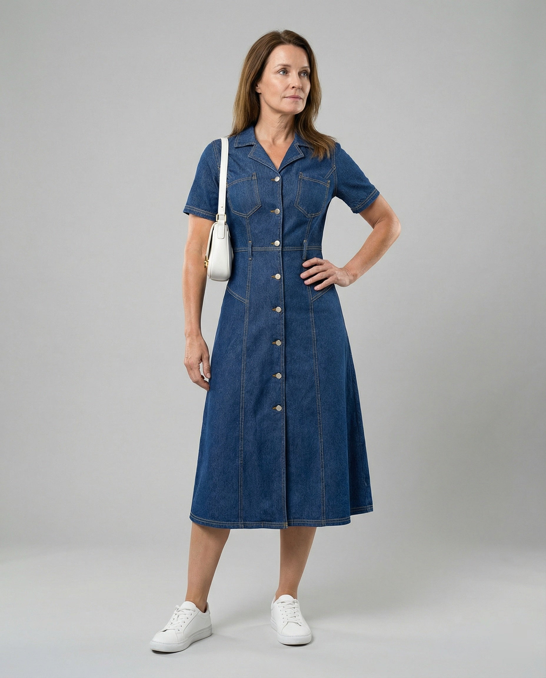 Damen Jeanskleid Midi mit Knopfleiste