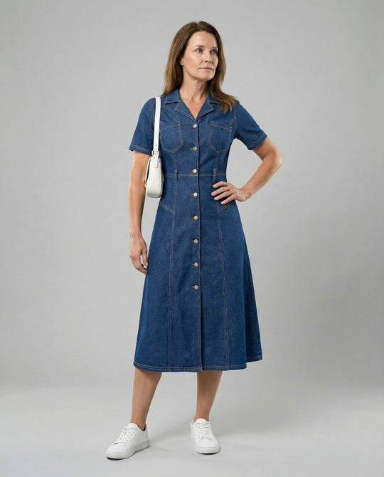 Damen Jeanskleid Midi mit Knopfleiste
