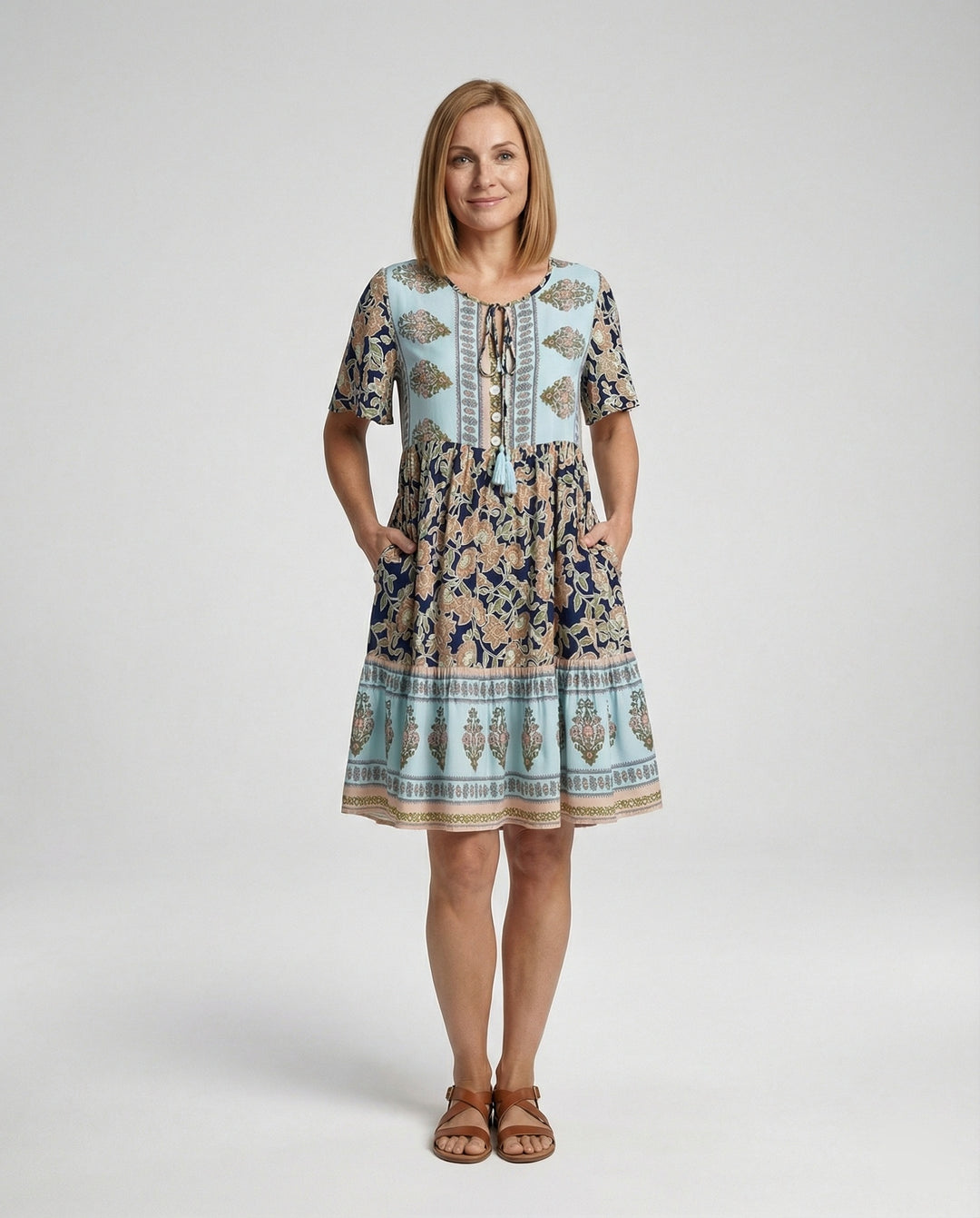 Damen Boho Midikleid A-Linie mit Bordüre