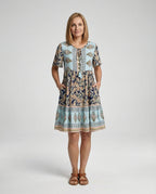 Damen Boho Midikleid A-Linie mit Bordüre