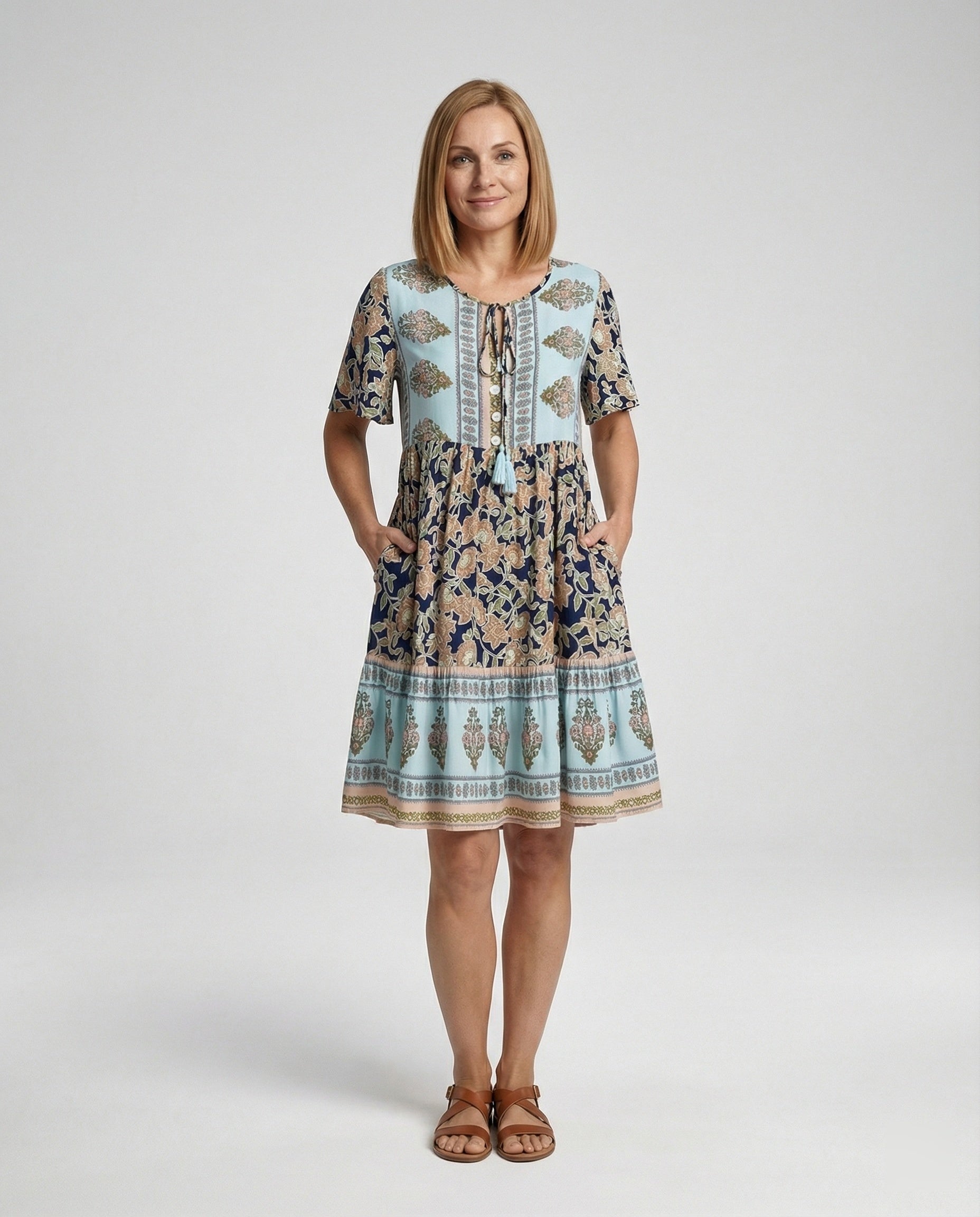 Damen Boho Midikleid A-Linie mit Bordüre