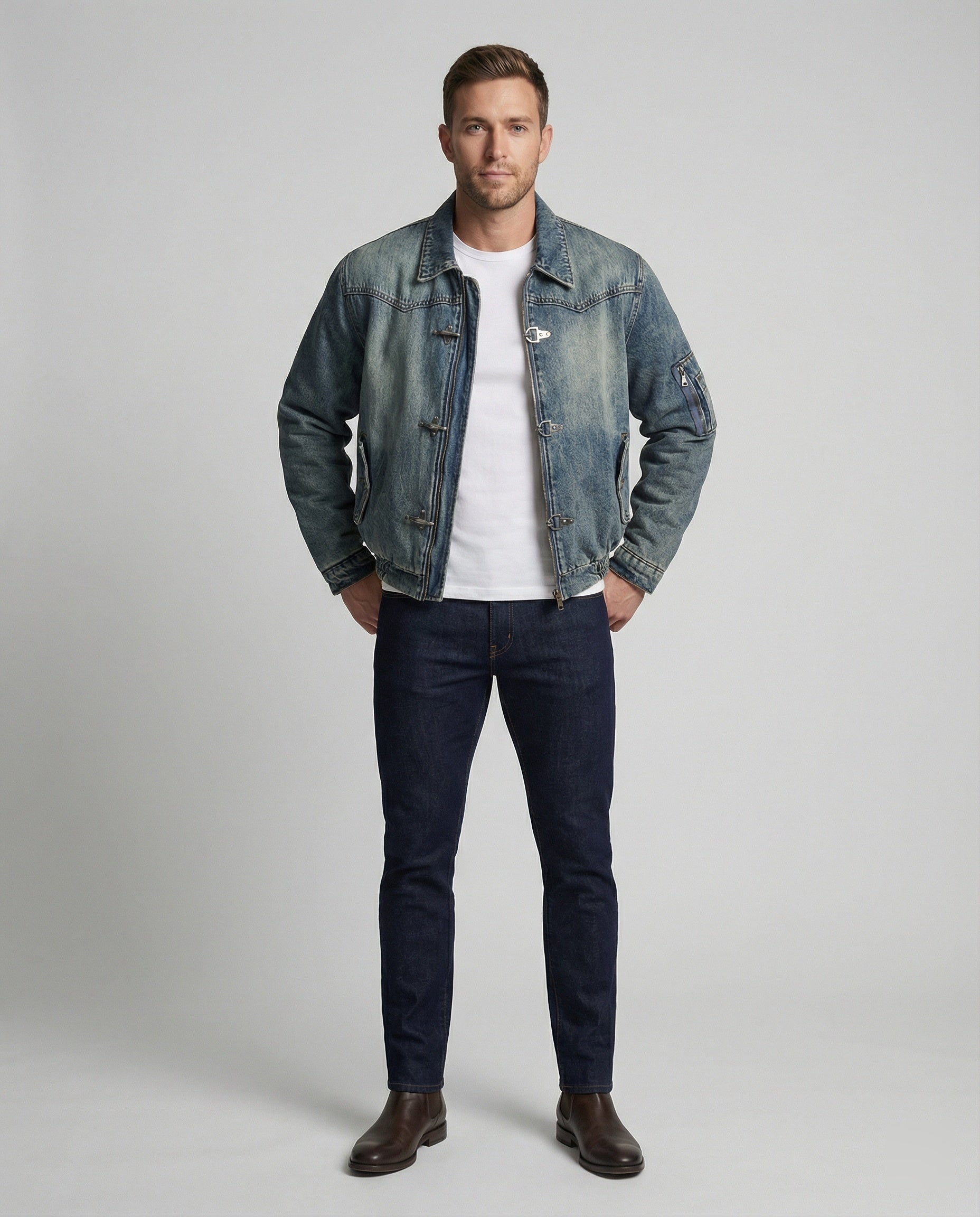 Herren Jeansjacke Bomber mit Teddyfutter