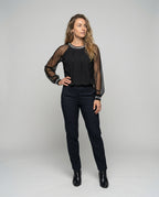 R&B Damen Mesh-Bluse mit Strassbesatz und transparenten Ärmeln