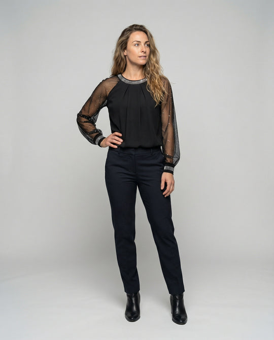 R&B Damen Mesh-Bluse mit Strassbesatz und transparenten Ärmeln