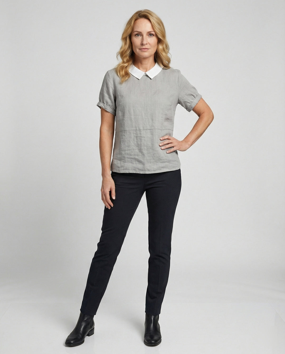 Damen Bluse Leinen Peter Pan Kragen
