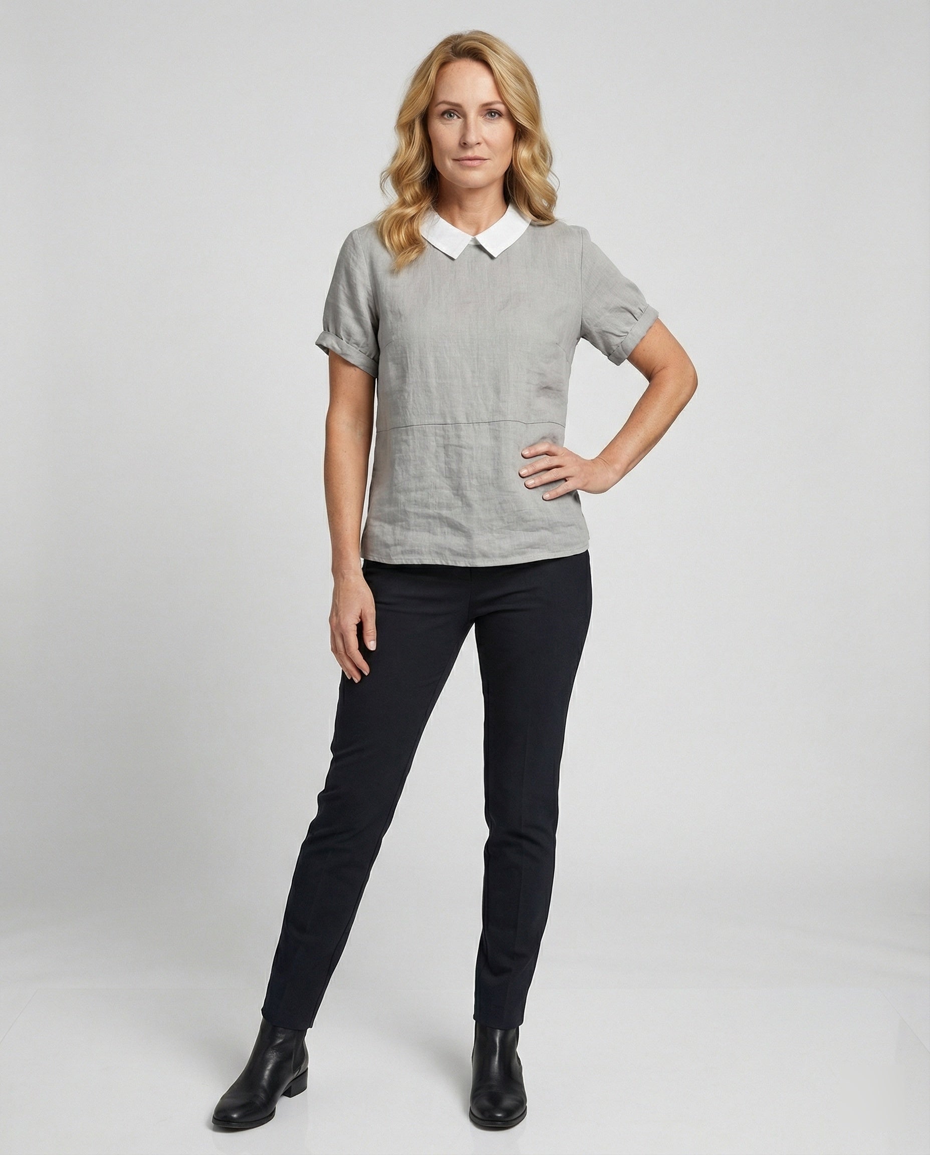 Damen Bluse Leinen Peter Pan Kragen