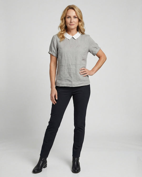 Damen Bluse Leinen Peter Pan Kragen
