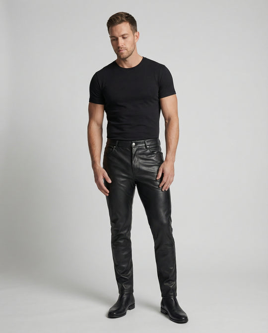 Herren Kunstleder Hose Slim Fit mit Taschen