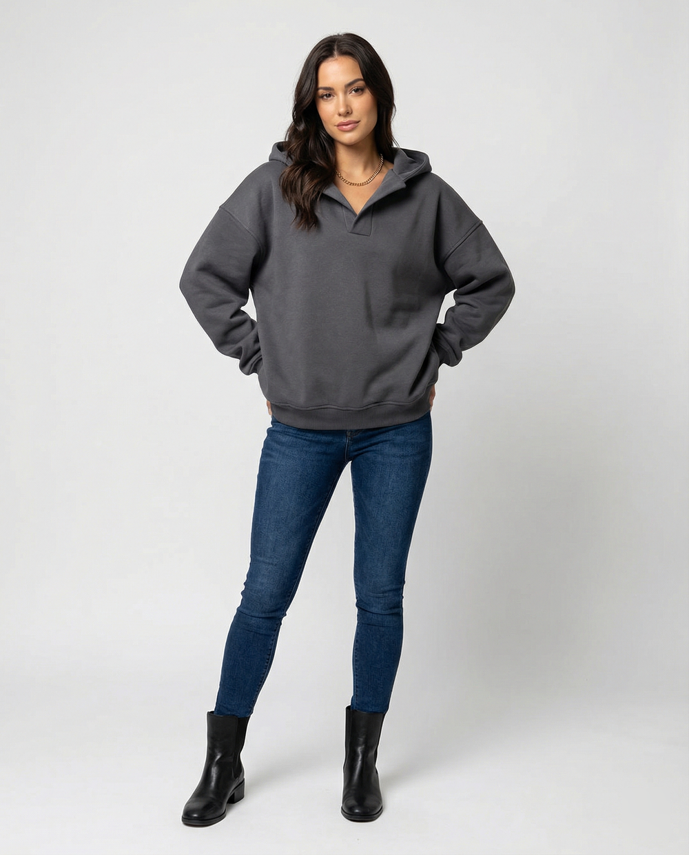 Damen Oversized Kapuzensweatshirt mit lässigem Stehkragen und langen Ärmeln R&B