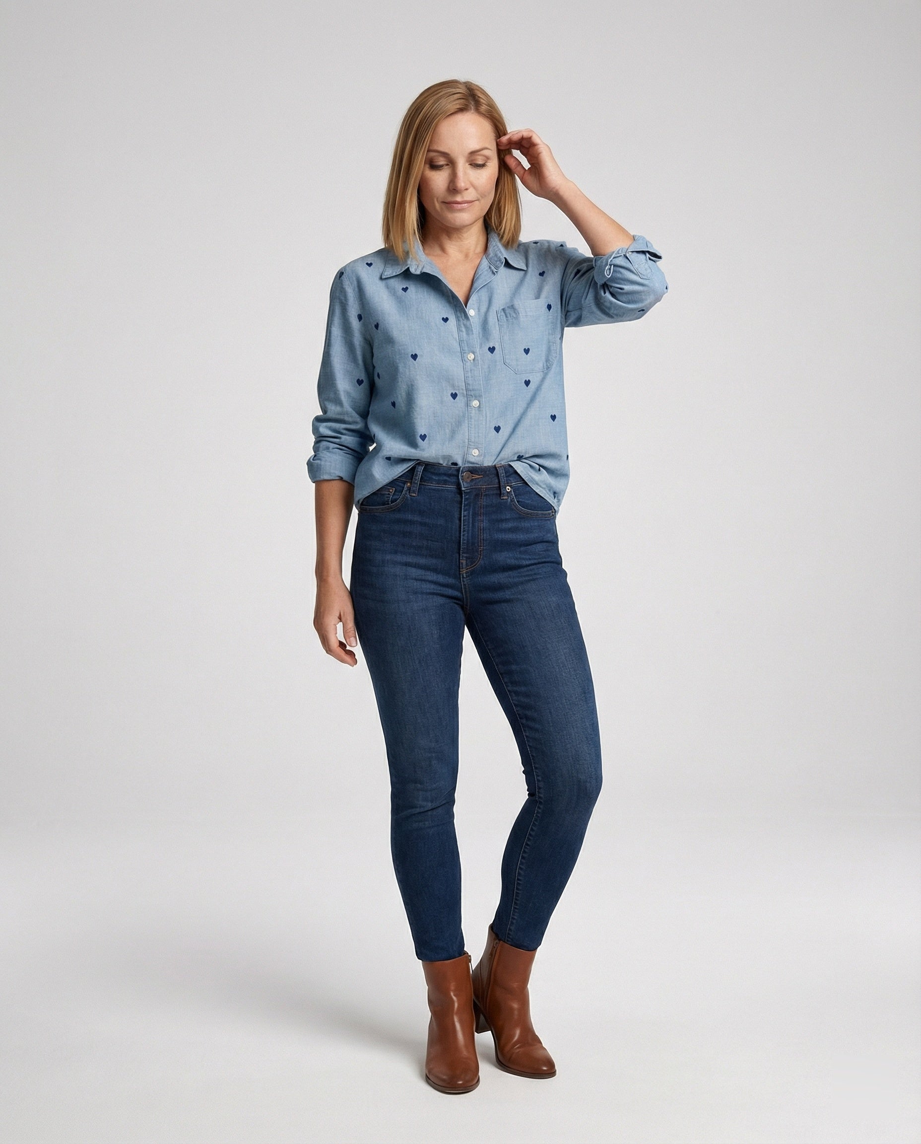 Damen Jeansbluse Herz Print