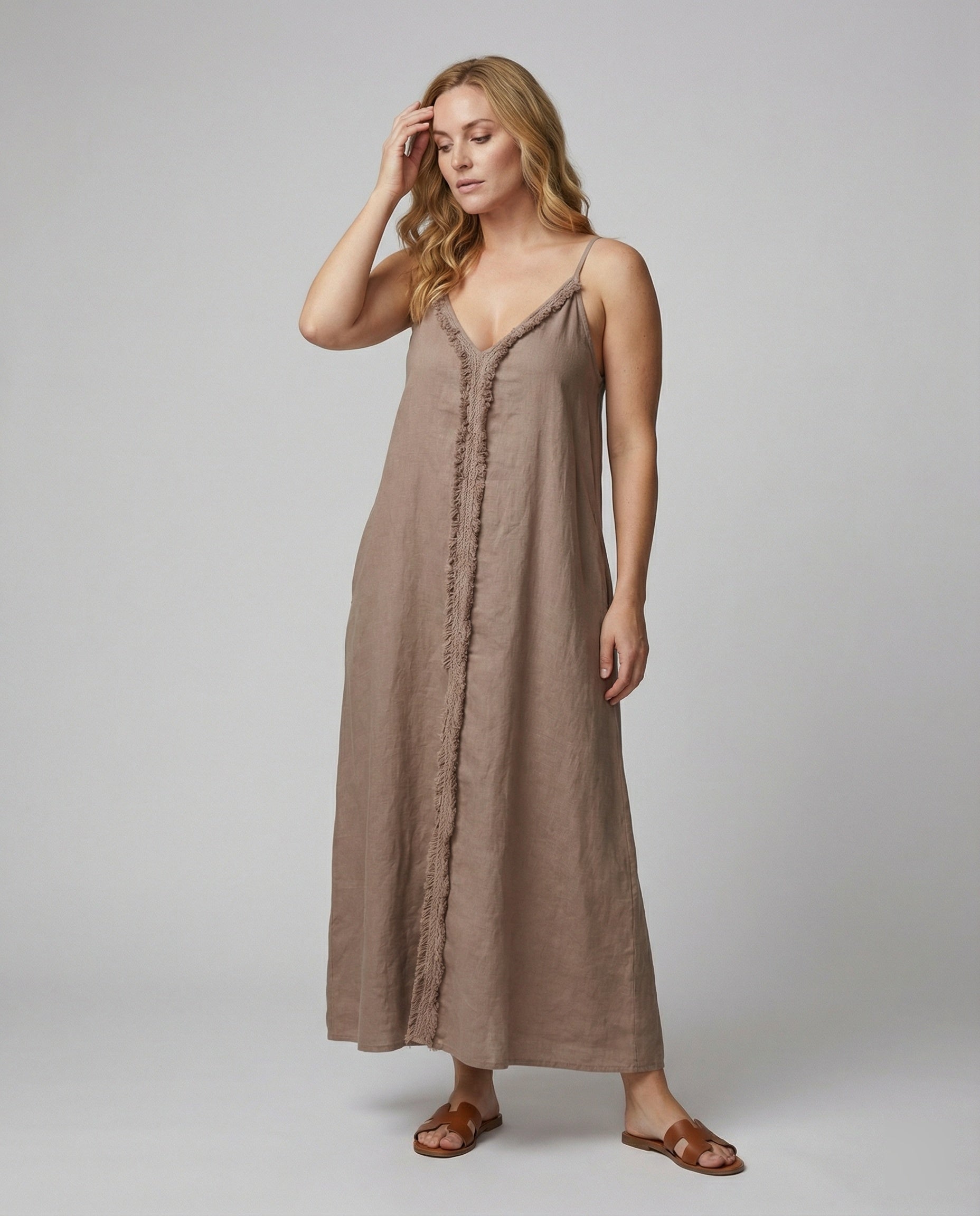 Damen Maxikleid mit lässigem V-Ausschnitt und seitlichen Taschen R&B