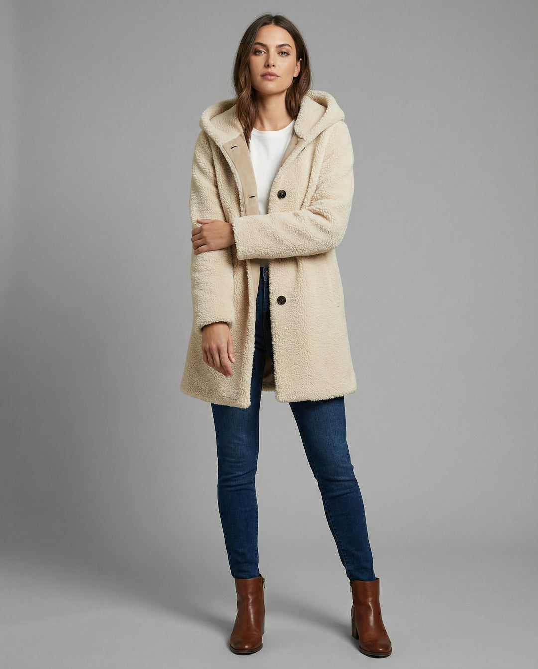 R&B | Teddy Mantel - Oversized Fit - Mit Kapuze - Knopfverschluss - Mittellang