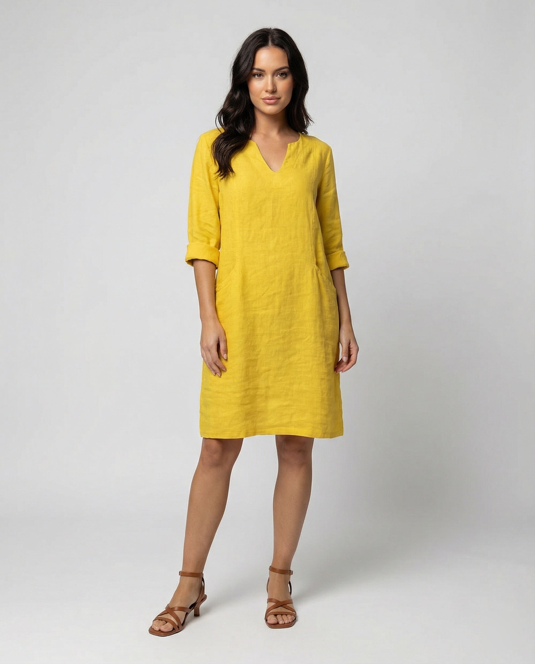 Damen Leinenkleid mit lockerer Passform und elegantem V-Ausschnitt