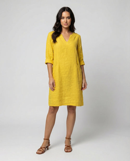 Damen Leinenkleid mit lockerer Passform und elegantem V-Ausschnitt R&B