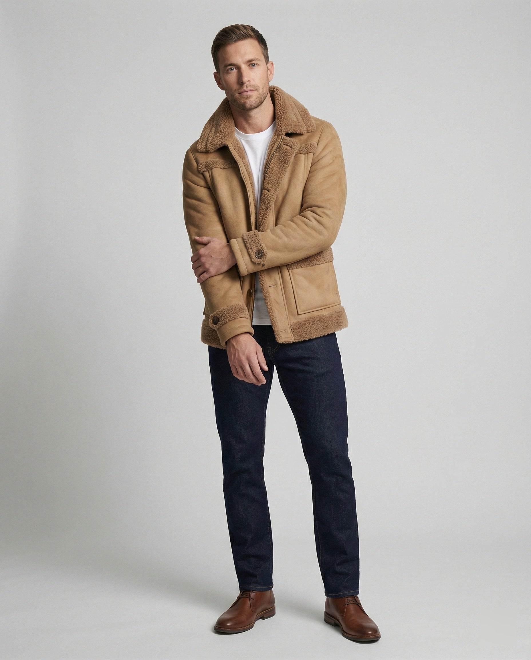 Herren warme Lammfelljacke mit Knopfkragen R&B